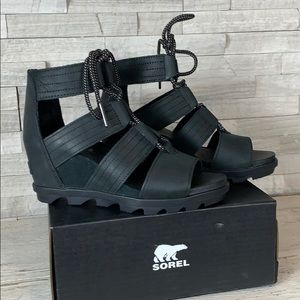 SOREL NIB Joanie II Lace Caged Wedge Sandal Black